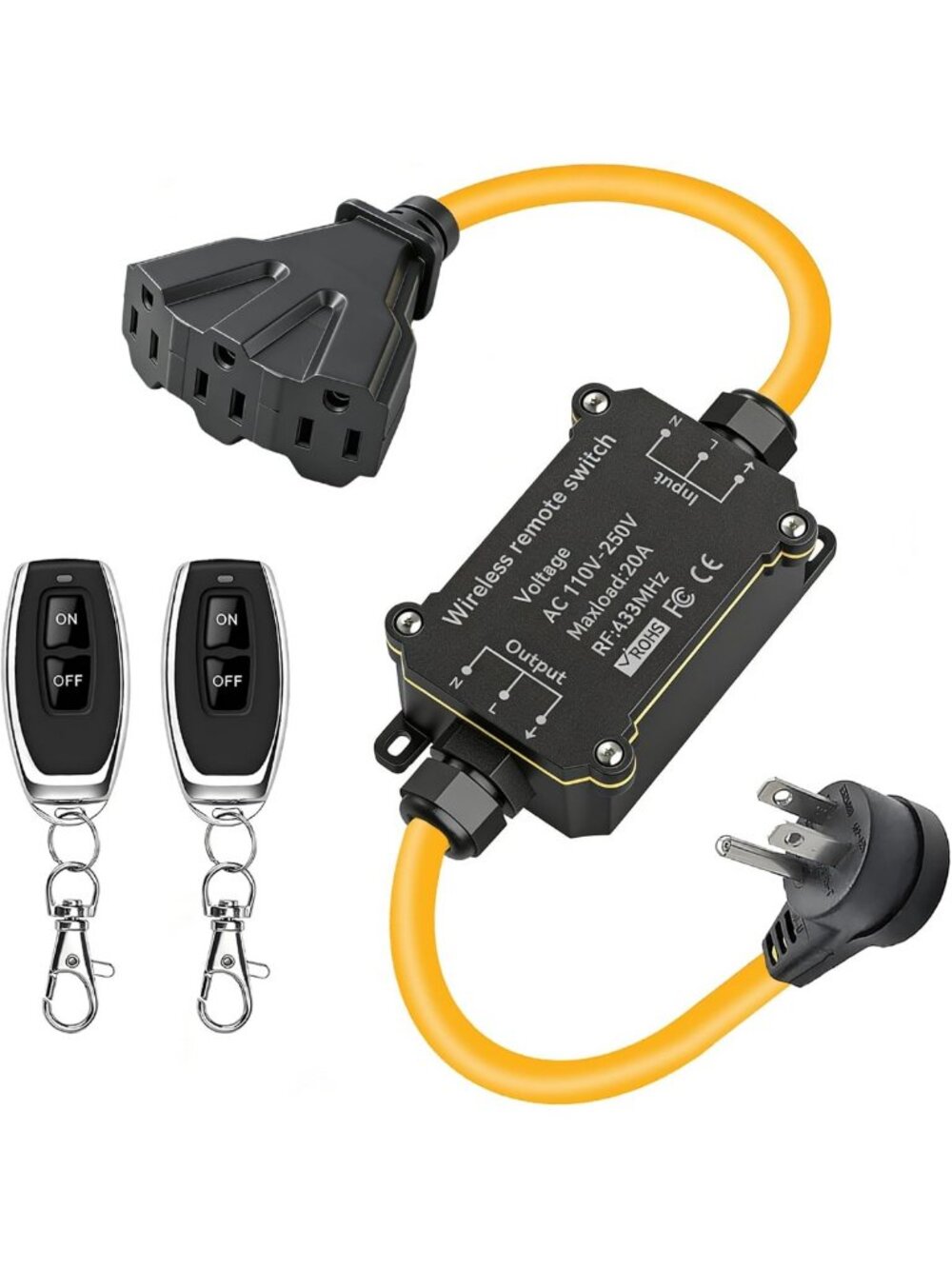 Outdoor Remote Control Power Outlet with 3 Grounded Sockets, 110V-250V